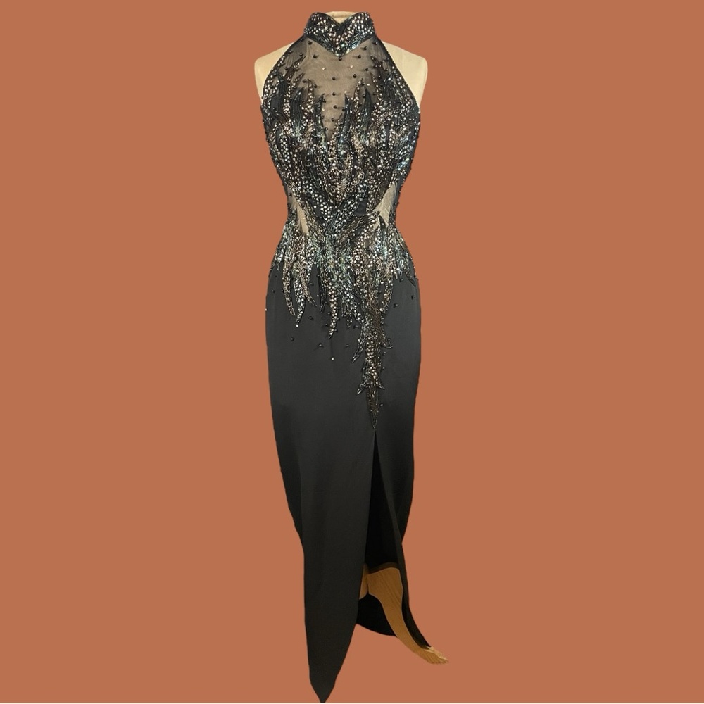 Claire’s Collection Women’s Black Sequin Full Length Mesh Halter Silk Dress